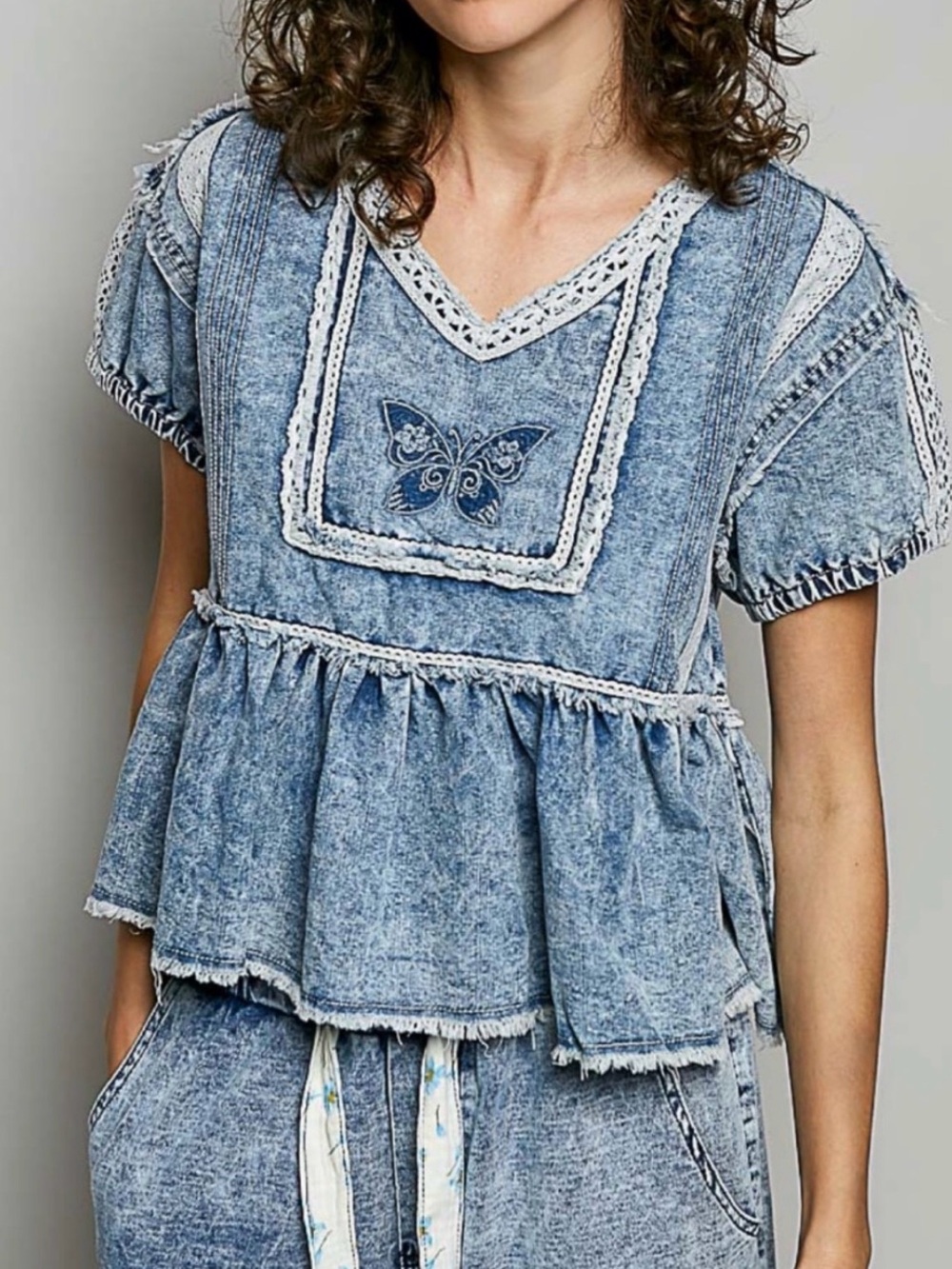 POL Washed Blue Butterfly Crochet Peplum Top